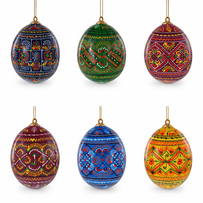 Set of 6 Ukrainian Geometric Wooden Pysanky Easter Eggs Ornaments