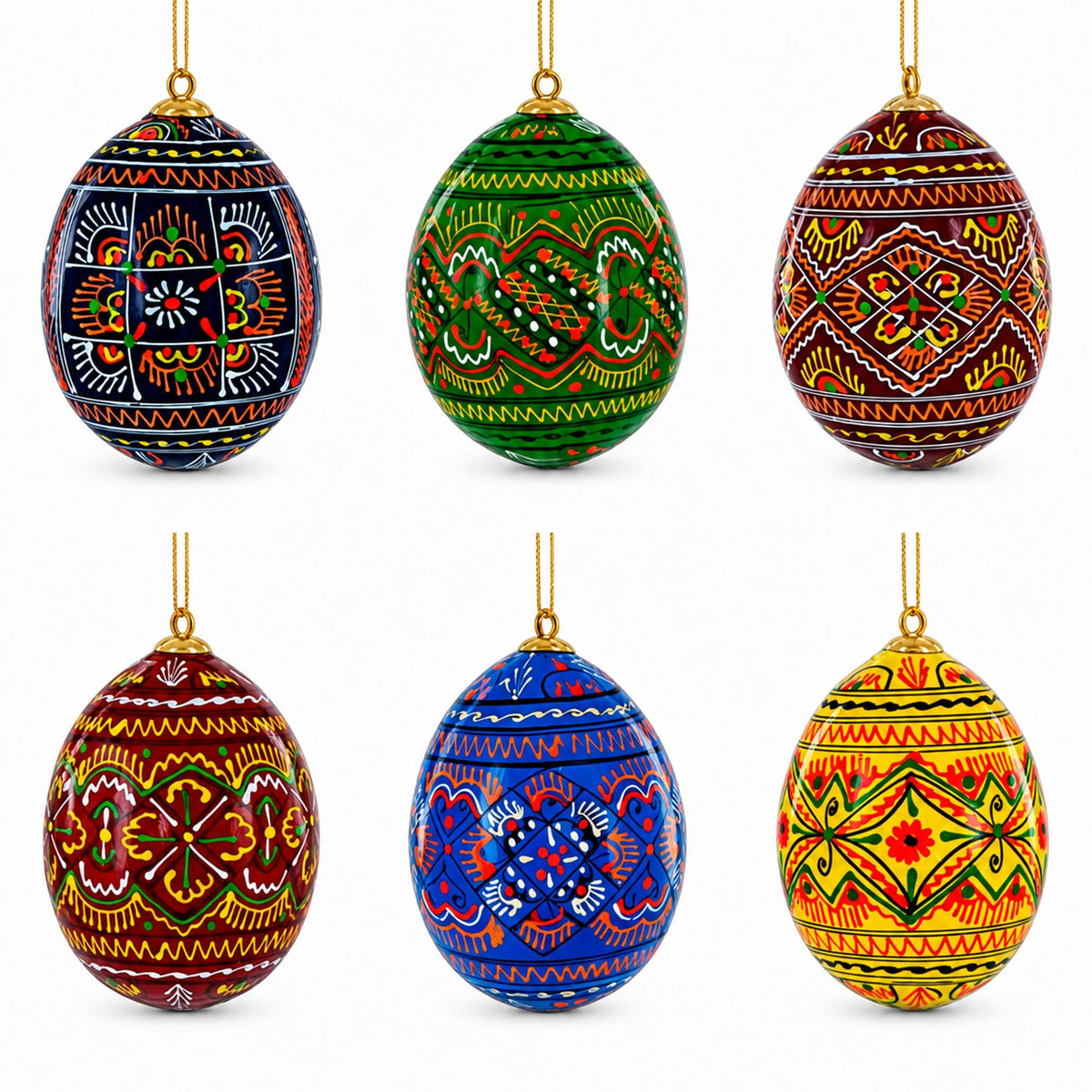 Set of 6 Ukrainian Geometric Wooden Pysanky Easter Eggs Ornaments