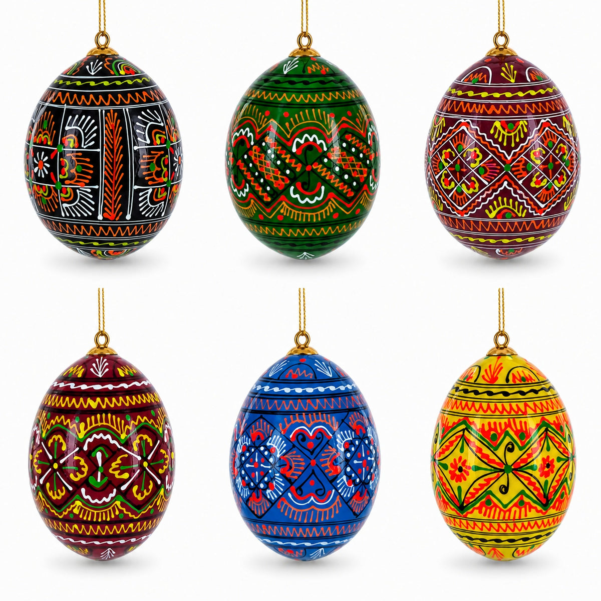Set of 6 Ukrainian Geometric Wooden Pysanky Easter Eggs Ornaments