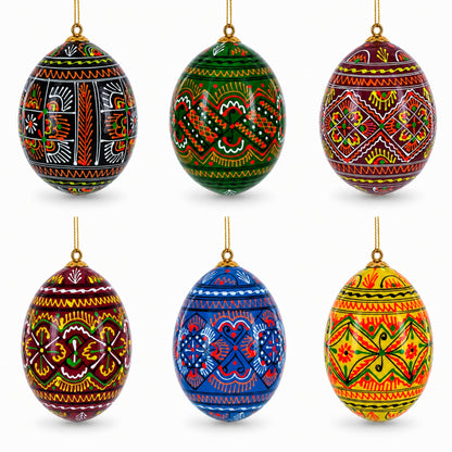 Set of 6 Ukrainian Geometric Wooden Pysanky Easter Eggs Ornaments