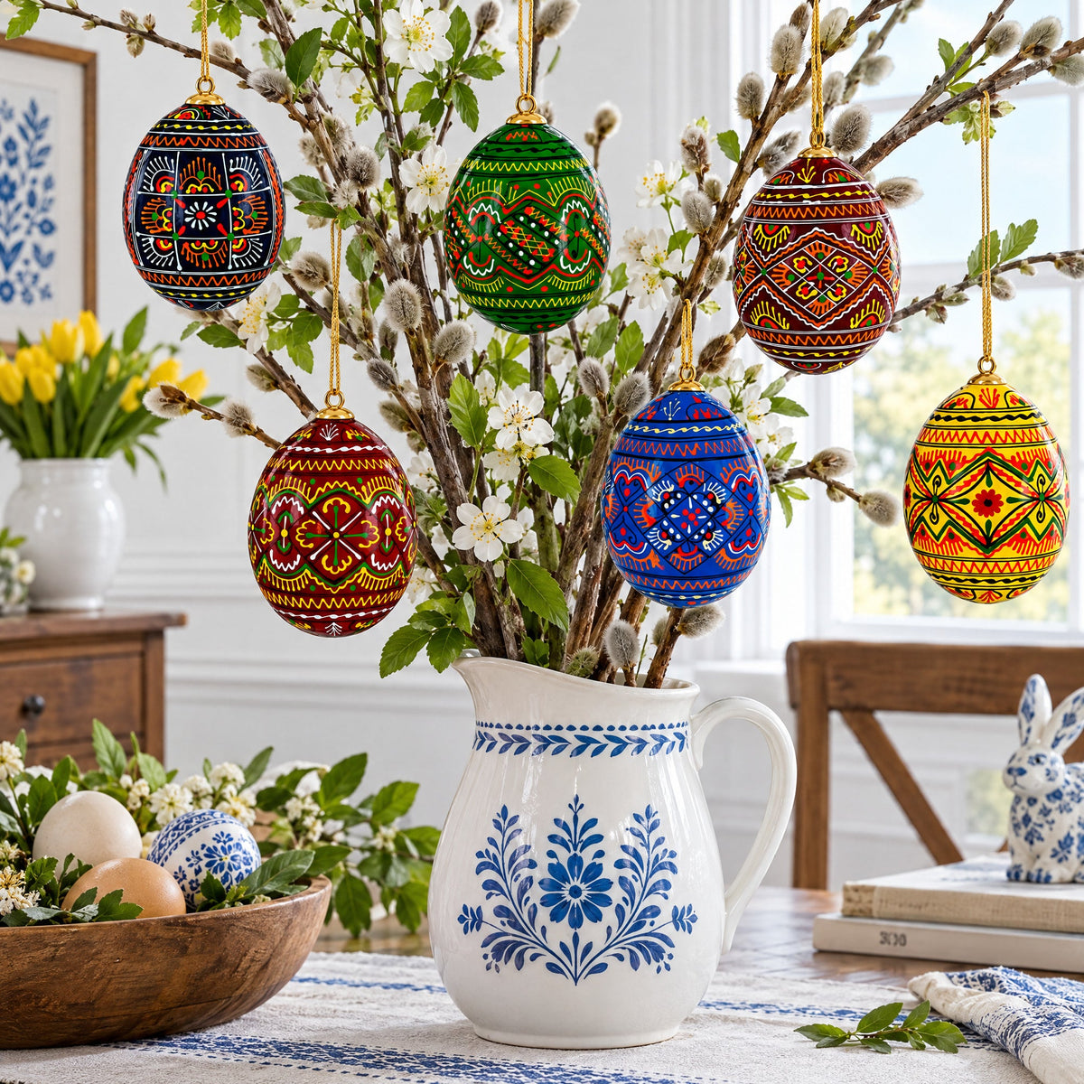 Set of 6 Ukrainian Geometric Wooden Pysanky Easter Eggs Ornaments