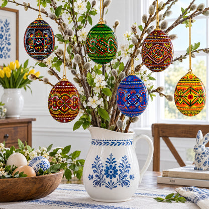 Set of 6 Ukrainian Geometric Wooden Pysanky Easter Eggs Ornaments