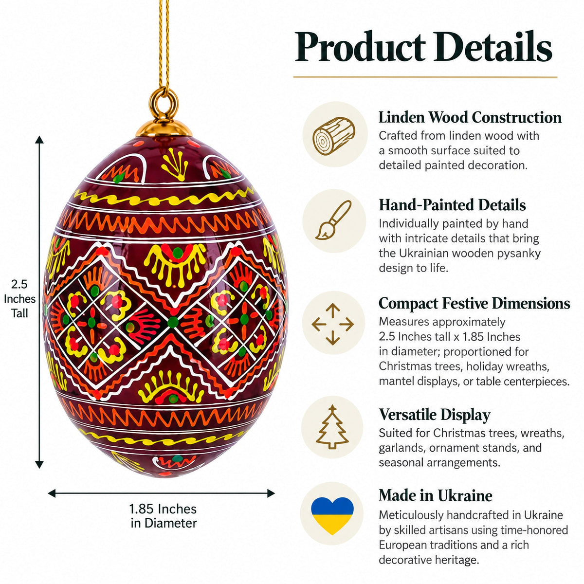 Set of 6 Ukrainian Geometric Wooden Pysanky Easter Eggs Ornaments