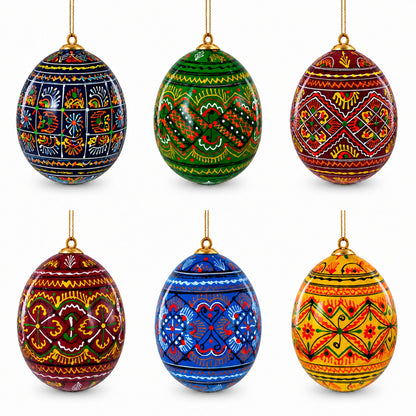 Set of 6 Ukrainian Geometric Wooden Pysanky Easter Eggs Ornaments