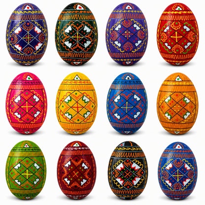 Set of 12 Handcrafted Geometric Ukrainian Pysanky Wooden Easter Eggs 2.5 Inches