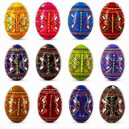 Set of 12 Handcrafted Geometric Ukrainian Pysanky Wooden Easter Eggs 2.5 Inches