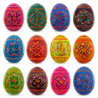 Set of 12 Geometrical Wooden Ukrainian Easter Eggs Pysanky 2.5 Inches