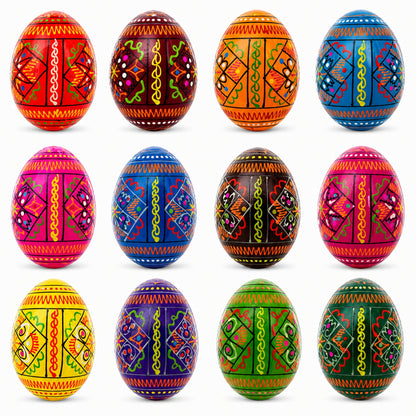 Set of 12 Geometrical Wooden Ukrainian Easter Eggs Pysanky 2.5 Inches