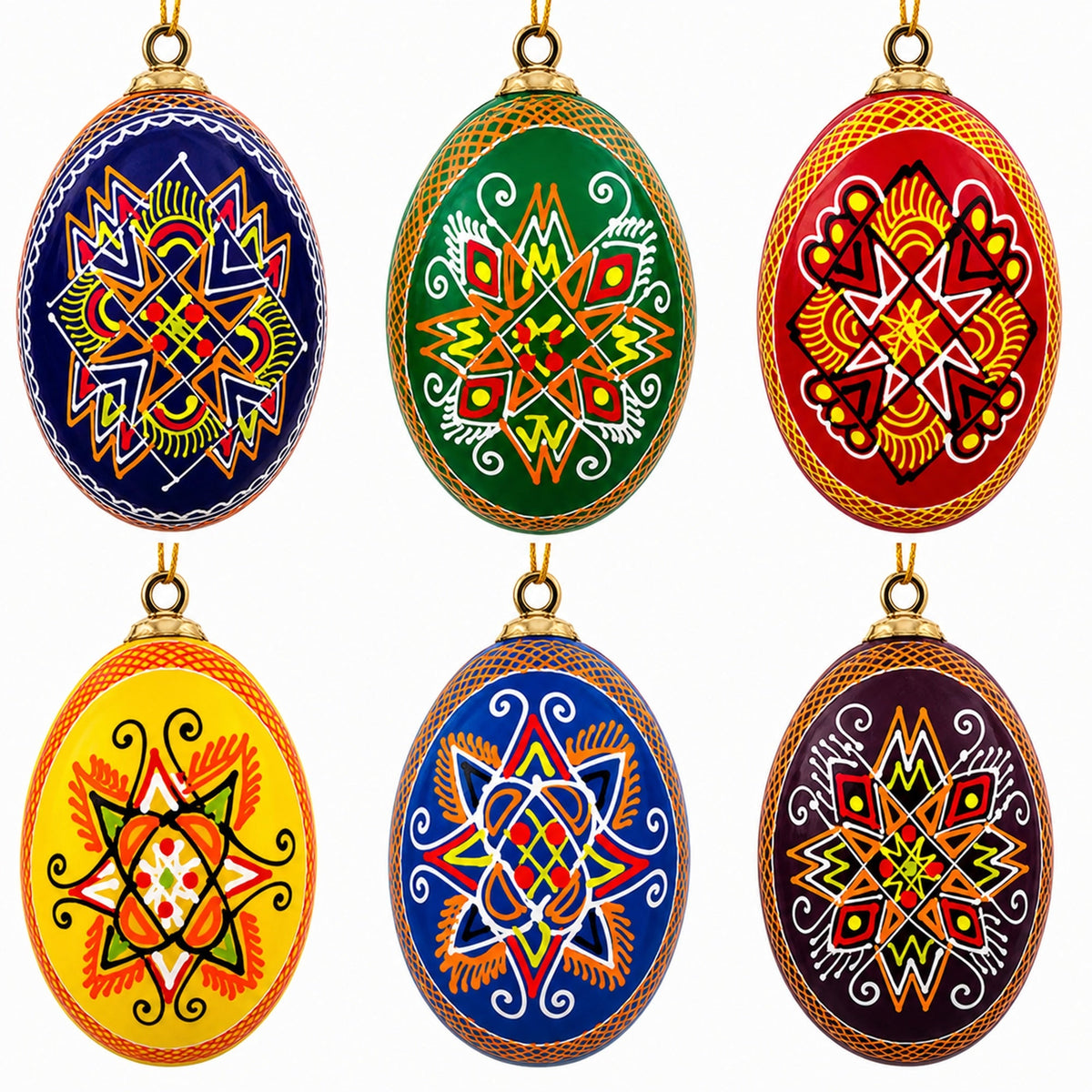 Set of 6 Hand Painted Wooden Ukrainian Easter Egg Ornaments 2.5 Inches