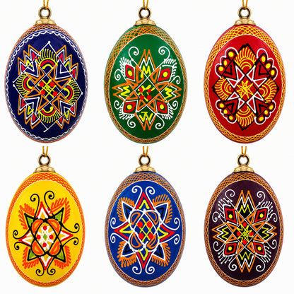 Set of 6 Hand Painted Wooden Ukrainian Easter Egg Ornaments 2.5 Inches