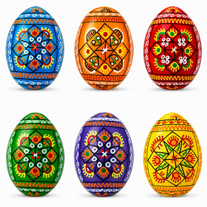 Set of 6 Pearlized Ukrainian Pysanky Wooden Easter Eggs 2.5 Inches
