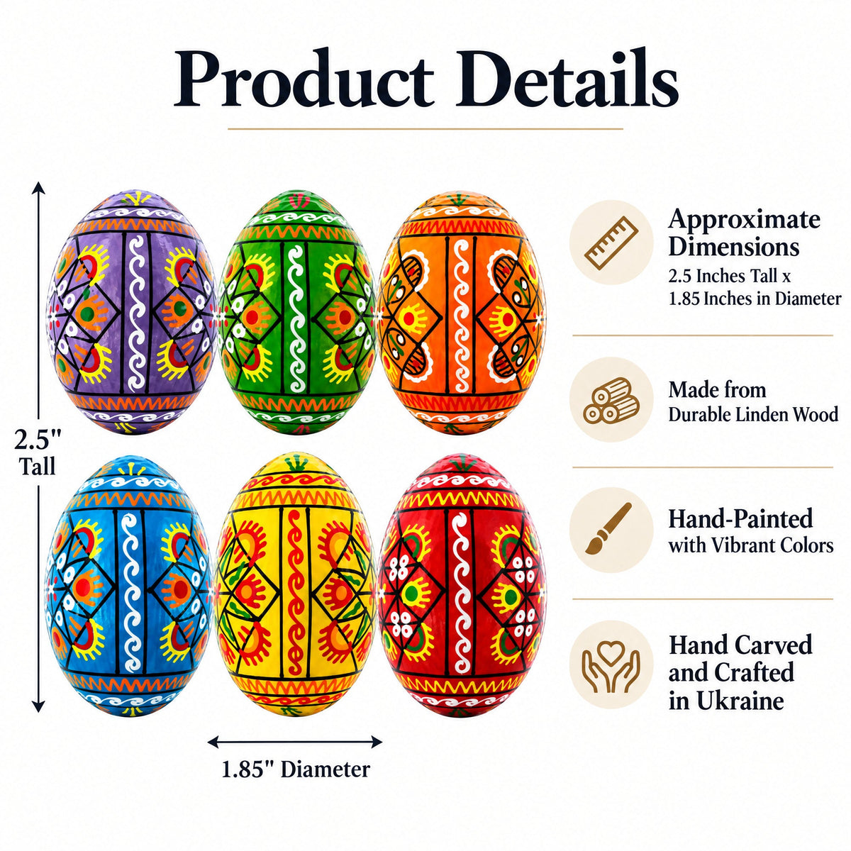 Set of 6 Pearlized Ukrainian Pysanky Wooden Easter Eggs 2.5 Inches