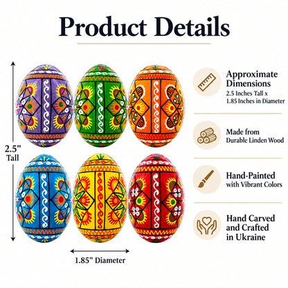 Set of 6 Pearlized Ukrainian Pysanky Wooden Easter Eggs 2.5 Inches