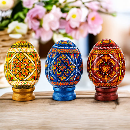 Set of 3 Colorful Geometric Ukrainian Pysanky Wooden Easter Eggs with Stands