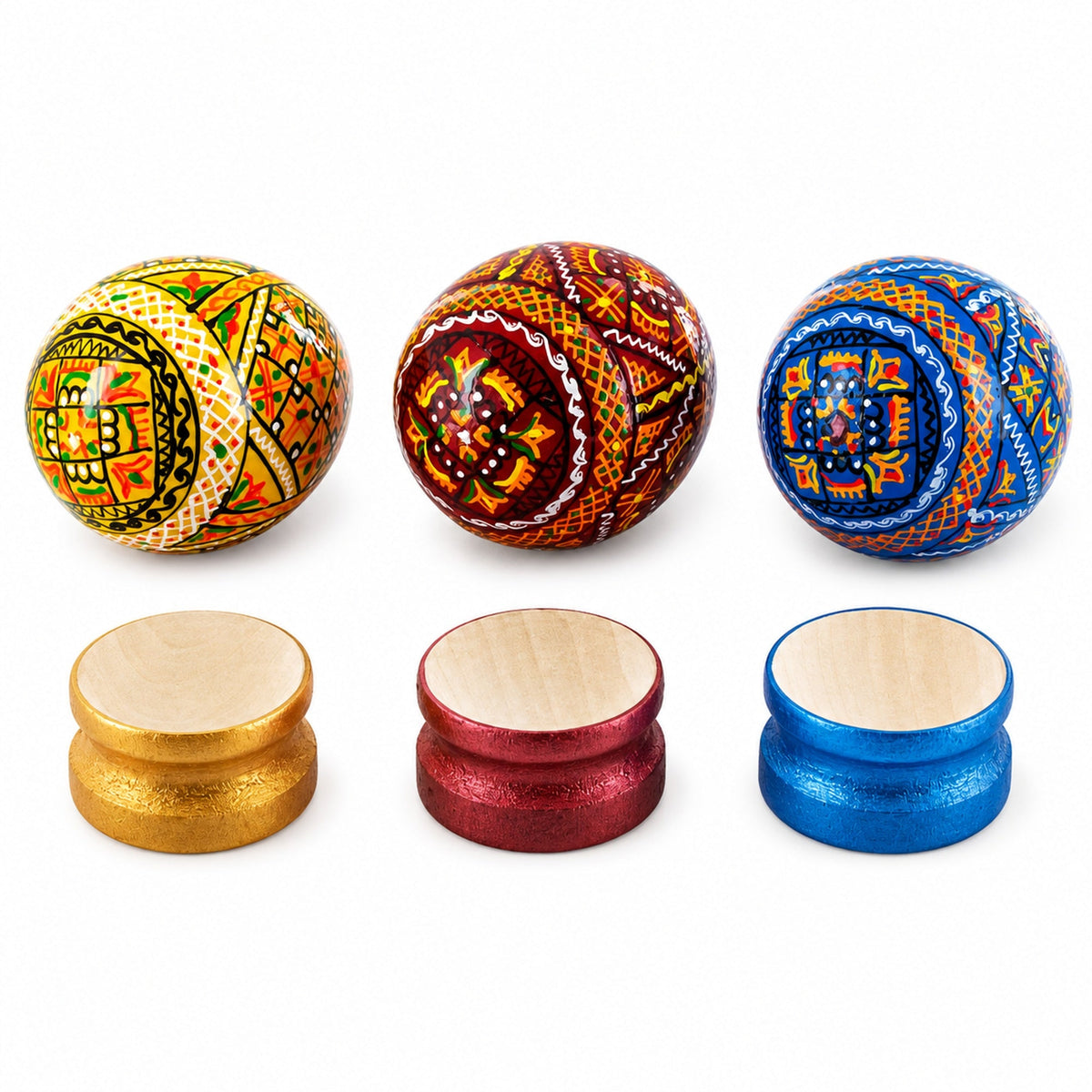 Set of 3 Colorful Geometric Ukrainian Pysanky Wooden Easter Eggs with Stands