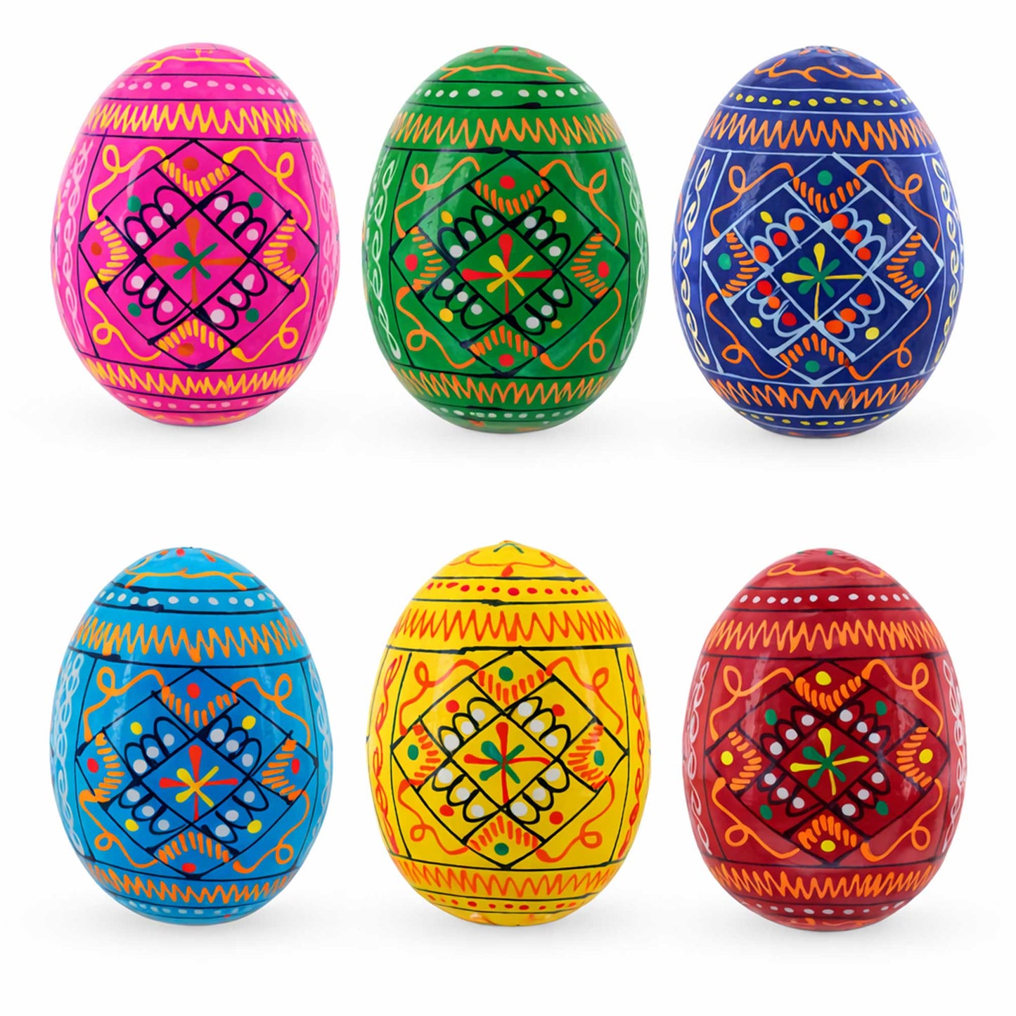 Set of 6 Ukrainian Geometric Wooden Easter Eggs 2.5 Inches