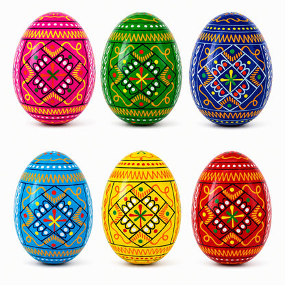 Set of 6 Ukrainian Geometric Wooden Easter Eggs 2.5 Inches