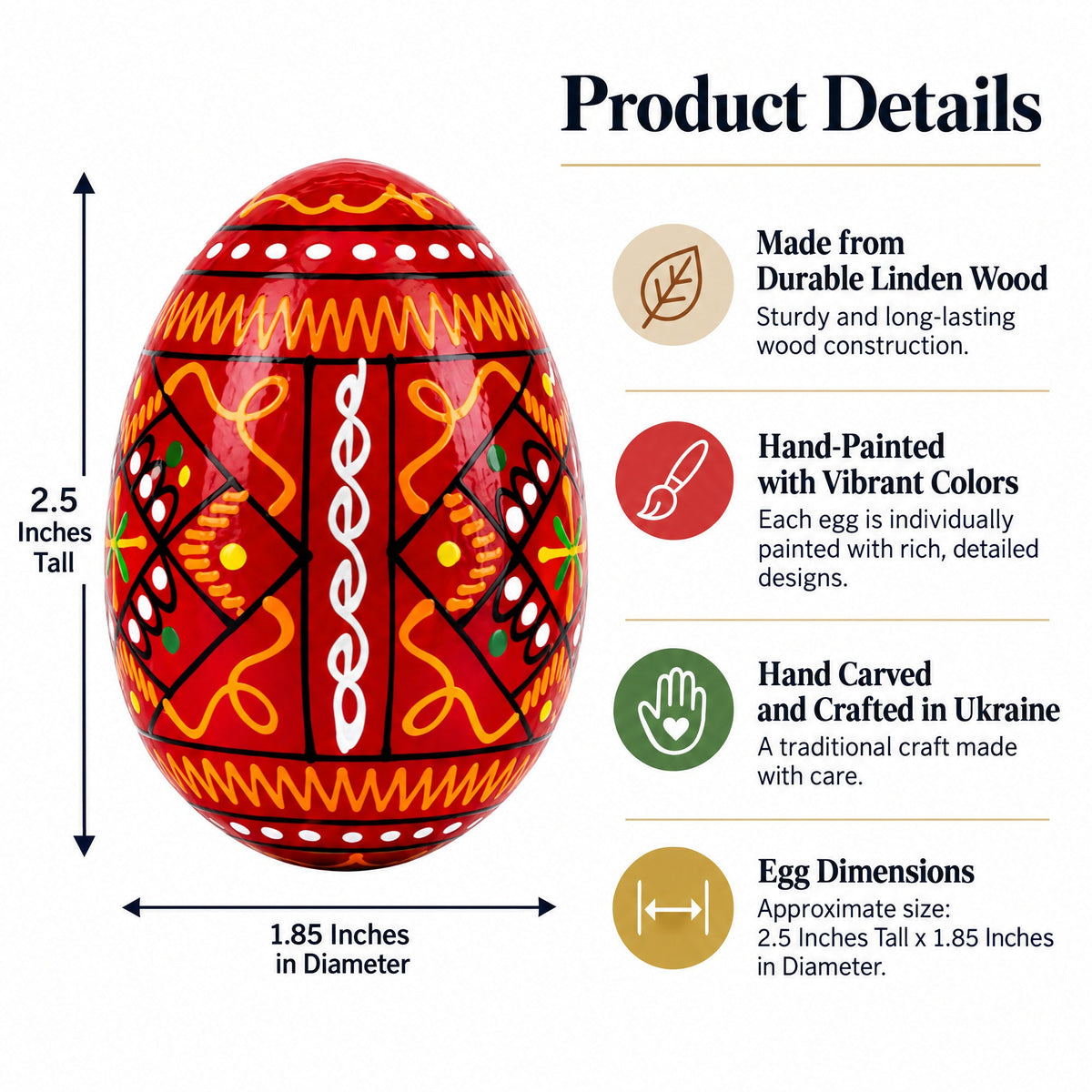 Set of 6 Ukrainian Geometric Wooden Easter Eggs 2.5 Inches