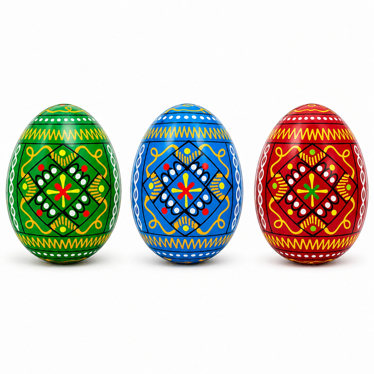 Set of 3 Vibrant Geometric Ukrainian Pysanky Wooden Easter Eggs 2.5 Inches