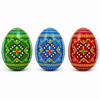 Set of 3 Vibrant Geometric Ukrainian Pysanky Wooden Easter Eggs 2.5 Inches