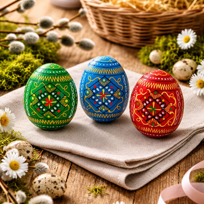 Set of 3 Vibrant Geometric Ukrainian Pysanky Wooden Easter Eggs 2.5 Inches