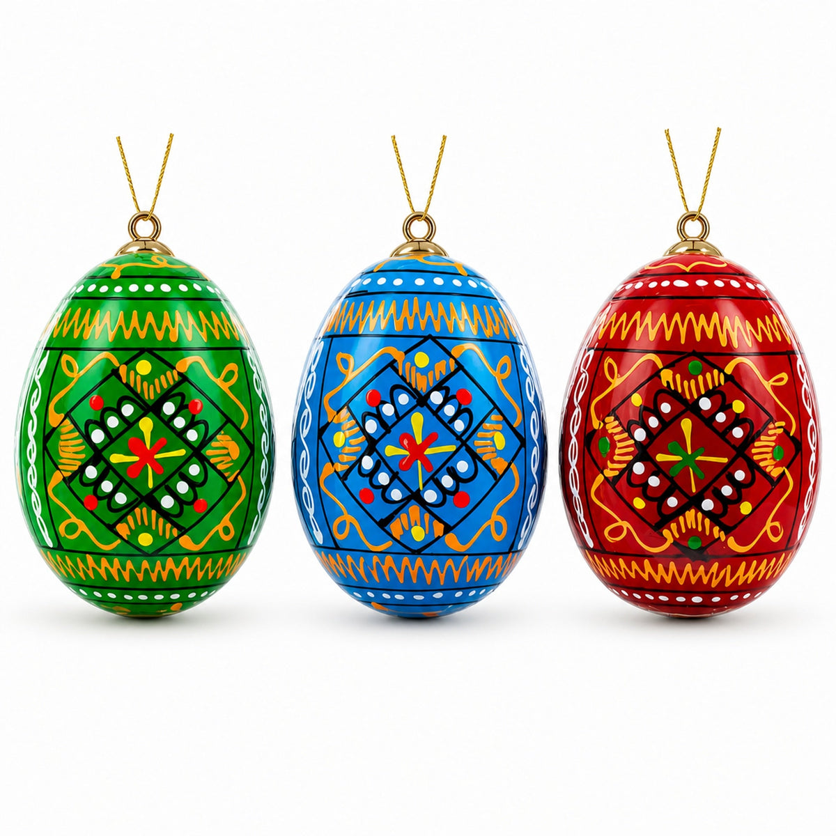 Set of 3 Vibrant Geometric Ukrainian Pysanky Wooden Easter Egg Ornaments 2.5 Inches