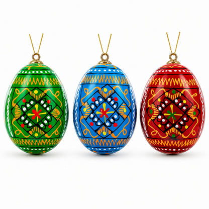 Set of 3 Vibrant Geometric Ukrainian Pysanky Wooden Easter Egg Ornaments 2.5 Inches