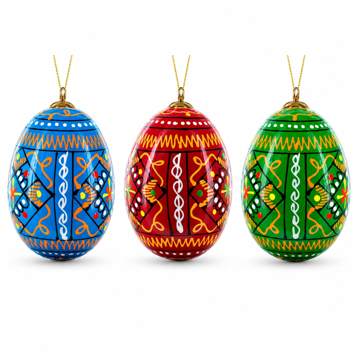 Set of 3 Vibrant Geometric Ukrainian Pysanky Wooden Easter Egg Ornaments 2.5 Inches