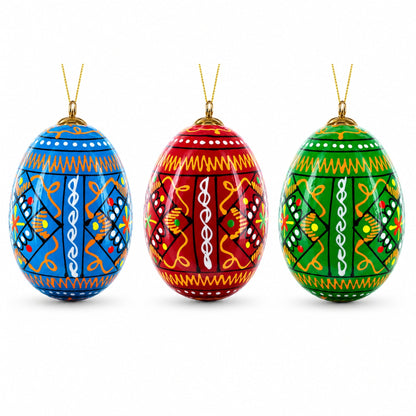 Set of 3 Vibrant Geometric Ukrainian Pysanky Wooden Easter Egg Ornaments 2.5 Inches