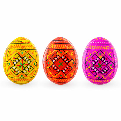 Set of 3 Yellow, Pink, Orange Geometric Ukrainian Pysanky Wooden Easter Eggs 2.5 Inches
