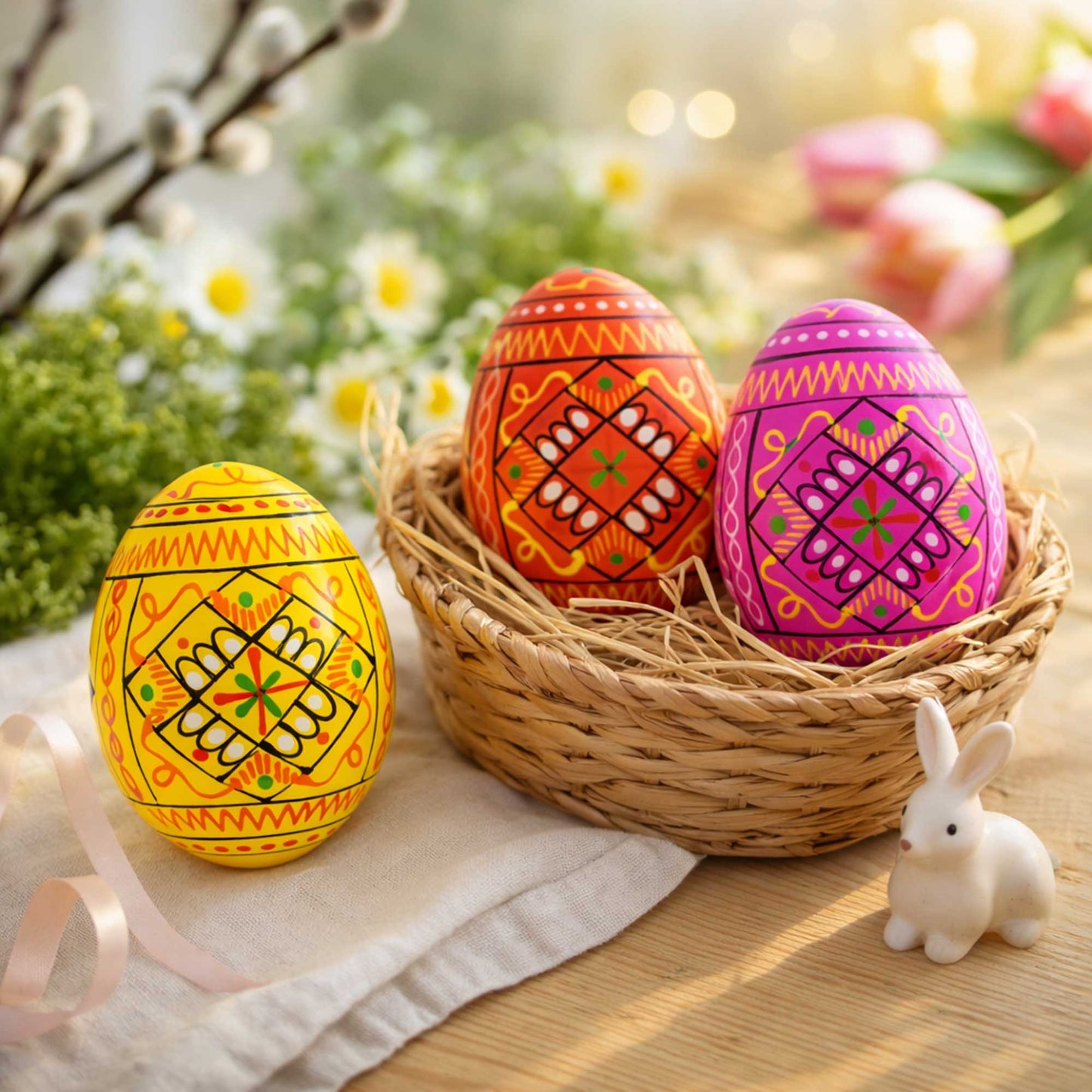Set of 3 Yellow, Pink, Orange Geometric Ukrainian Pysanky Wooden Easter Eggs 2.5 Inches