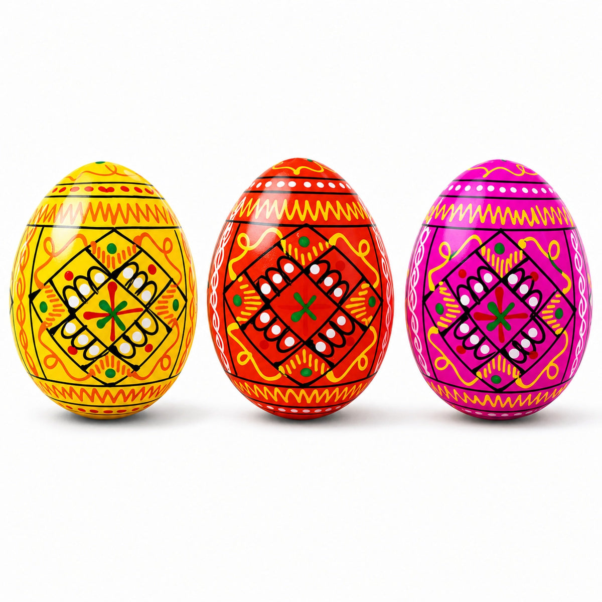 Set of 3 Yellow, Pink, Orange Geometric Ukrainian Pysanky Wooden Easter Eggs 2.5 Inches