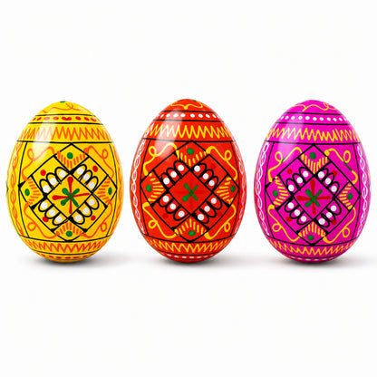 Set of 3 Yellow, Pink, Orange Geometric Ukrainian Pysanky Wooden Easter Eggs 2.5 Inches