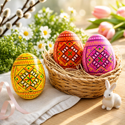 Set of 3 Yellow, Pink, Orange Geometric Ukrainian Pysanky Wooden Easter Eggs 2.5 Inches