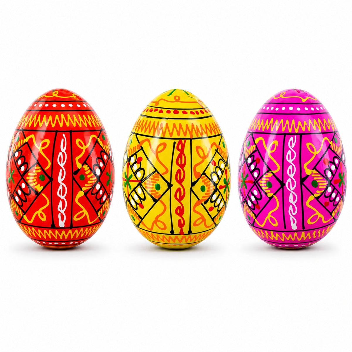 Set of 3 Yellow, Pink, Orange Geometric Ukrainian Pysanky Wooden Easter Eggs 2.5 Inches