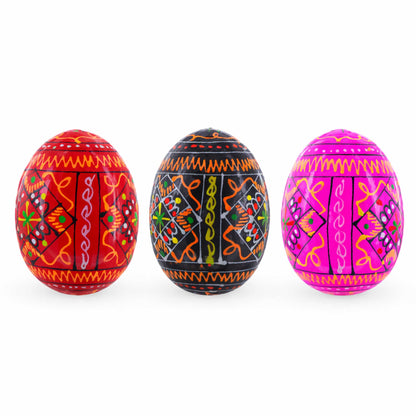 Set of 3 Red Shades Geometric Ukrainian Pysanky Wooden Easter Eggs 2.5 Inches