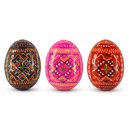 Set of 3 Red Shades Geometric Ukrainian Pysanky Wooden Easter Eggs 2.5 Inches
