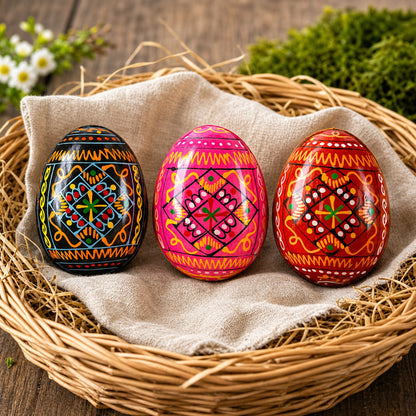 Set of 3 Red Shades Geometric Ukrainian Pysanky Wooden Easter Eggs 2.5 Inches