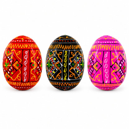 Set of 3 Red Shades Geometric Ukrainian Pysanky Wooden Easter Eggs 2.5 Inches