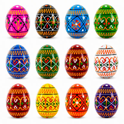 Set of 12 Mini Geometric Ukrainian Pysanky Wooden Easter Eggs 1.6 Inches