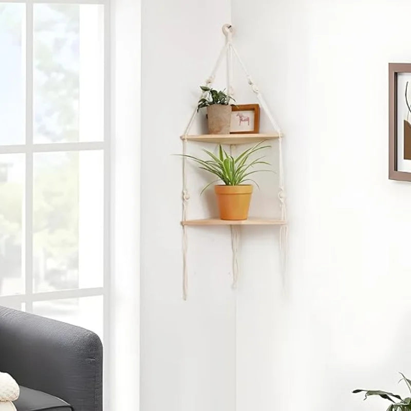DecorBites™ Macrame Wall Hanging Corner Shelf for Boho Decor