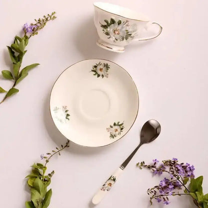 Magnolia floral white bone china tea cup set dining room gold trim