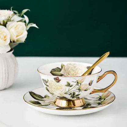 Magnolia floral white bone china tea cup set dining room gold trim