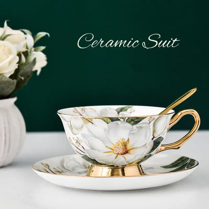 Magnolia floral white bone china tea cup set dining room gold trim