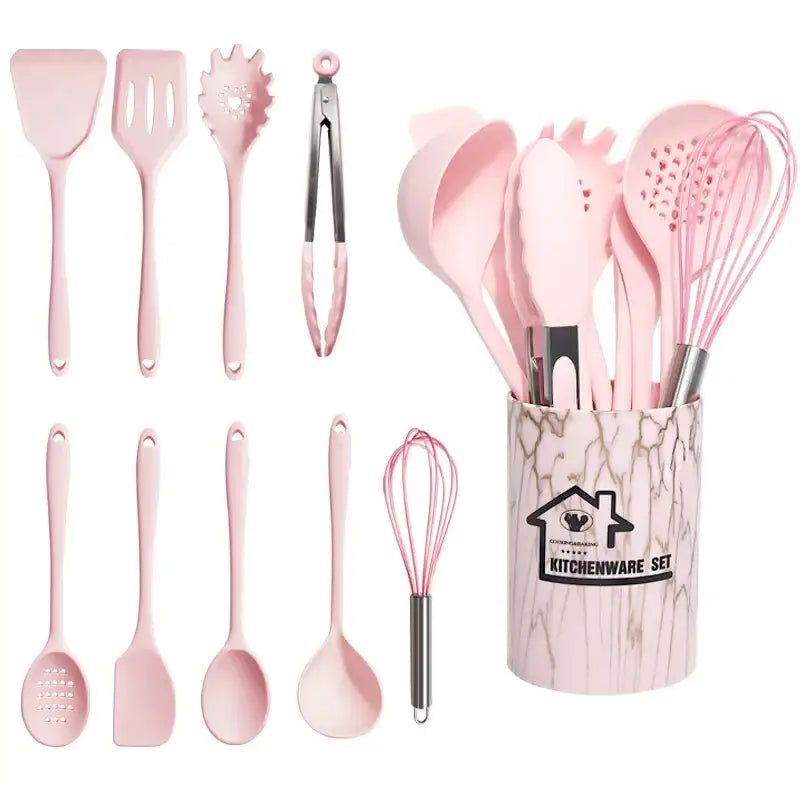 Marble pink silicone cooking tool set with kitchen storage container