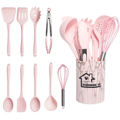 Marble pink silicone cooking tool set with kitchen storage container