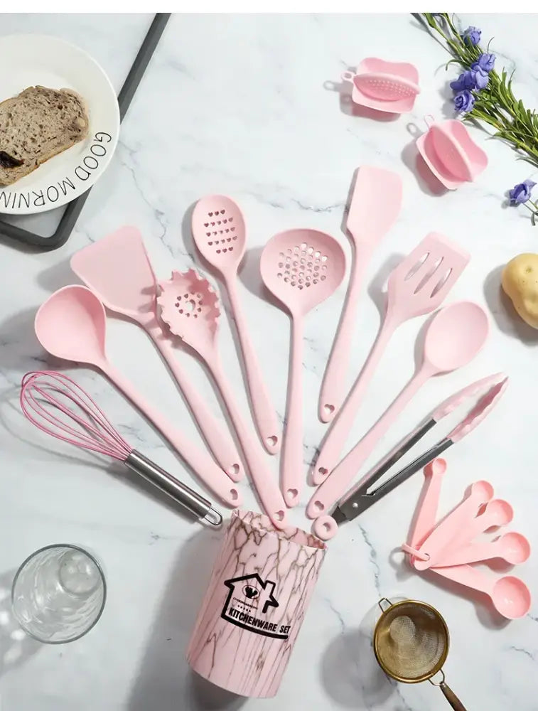 Marble pink silicone cooking tool set with kitchen storage container