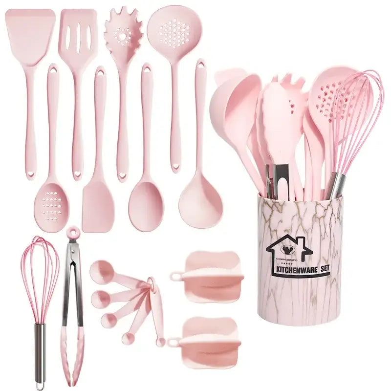 Marble pink silicone cooking tool set with kitchen storage container