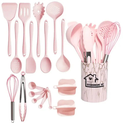 Marble pink silicone cooking tool set with kitchen storage container