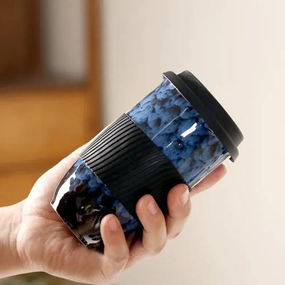 Marbled ceramic kiln mug with silicone grip kitchen travel cup